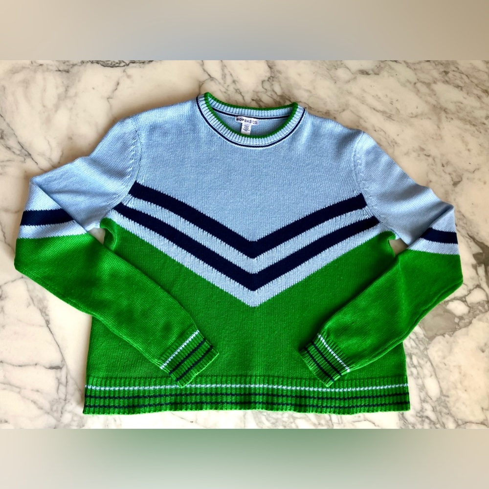 EUC Shopbop BOP BASICS Cotton Chevron Vintage Varsity Sweater Size M Blue/Green - Picture 5 of 12